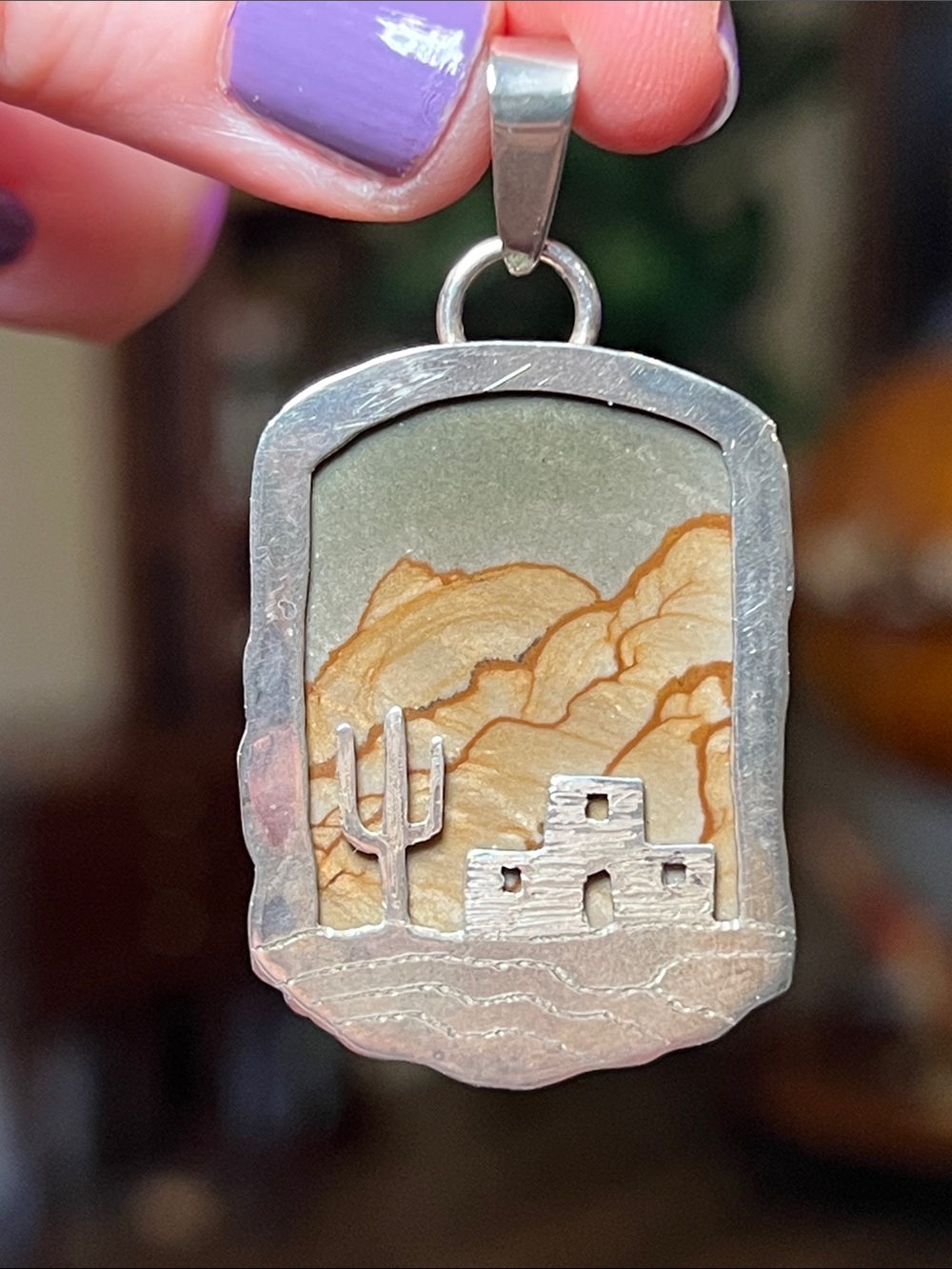 VTG Artisan Desert Landscape Picture Jasper Sterling Silver Reversible Pendant